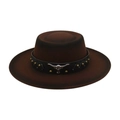 Cappello vintage in feltro di lana marrone con teschio di toro e fascia in pelle - caffè