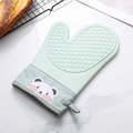 Green silicone oven mitt with anti-slip texture and cute bear cotton cuff design - Two-Finger Style / Mint Green Panda