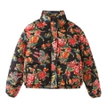 Detail view of ethnic print puffer jacket with red peony and cyan dragon patterns - XS / Black Print