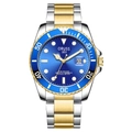 Men's two-tone stainless steel dive watch with blue sunray dial and luminous indices - Two-Tone Gold Silver-Blue Dial