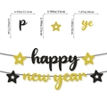 Striscione Happy New Year nero e oro glitterato con stelle e indicazioni precise della taglia - Striscione Lettere in Corsivo di Capodanno