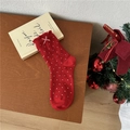 Festive red crew socks with white polka dots, ruffled edge, and a cute bow detail - One Size / Polka Dot Bow