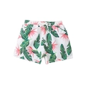 Kids quick-dry swim trunks with tropical palm leaf and pink floral print on white fabric - 104 / White with Green Leaves & Pink Flowers