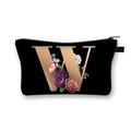 Black polyester cosmetic bag with golden letter W and floral print patterns - Polyester / Letter W