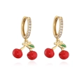 Detail of golden cherry pendant earrings with red enamel fruits and white zircon accents - Gold Red Enamel Green Leaf Cherry Earrings