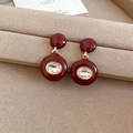 Macro shot of dark red vintage drop earrings with oval cubic zirconia on beige suede - 25# Double Round Red Enamel Rhinestone Silver Earring Post Dangle (HE29310) / Dark Red/Gold