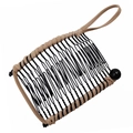 Black metal banana hair clip with beige woven fabric and beads on white background - 20 Teeth / Light Coffee