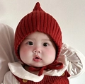 Infant winter knit earflap hat in vibrant red with plush balls and chin straps - Cap circumference 40-48cm, suitable for 3-18 months / Elf Hat Red