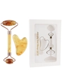 Amber resin facial roller and heart-shaped gua sha tool set in a white gift box - 2-Piece Resin Roller Amber Brown + Gift Box