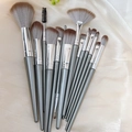 Set di 12 pennelli da trucco grigio argento su sfondo di tessuto beige pieghettato - Set da 14 Pezzi Chujian + Busta OPP