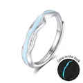 Luminous S925 sterling silver minimalist wave ring with light blue glow-in-the-dark finish - Fdjz-486-men's Model / Adjustable Open
