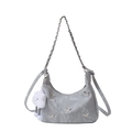 Grey ruched shoulder bag with silver butterfly accent and plush cloud charm strap - Silver with Charm