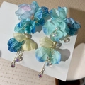 2505106 Gradient Blue Floral Tassel Earrings