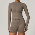 Women's ribbed taupe yoga set featuring stand collar zip jacket and slim fitness shorts - S / Brown