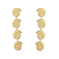 Macro detail of long gold shell earrings featuring four tiered spiraled seashell motifs - Style A (Four Conch) / Gold