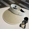 Beige wide brim straw sun visor with metal G logo, foldable design for summer travel - G Logo Rollable / Beige Beige Trim