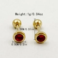 Gold titanium steel barbell stud earring with red zircon including size and weight specs - Gold/Red