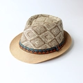 Cappello di paglia neutro color legno con nastro geometrico etnico per uomo e donna - M (56-58cm) / Cachi a Quadri Etnici