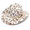Detail of plush leopard print cowboy hat with braided beige band and metal buckle accent - M (56-58cm) / White - Flat Top