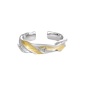 Adjustable S925 sterling silver ring with two-tone texture and center zircon stone - Adjustable Open / Gold and Silver Two-tone