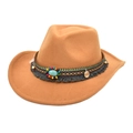 Detail of khaki wool western hat with turquoise stones and bohemian beaded trim - M (56-58cm) / Camel