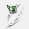 Anillo ajustable de plata S925 con ágata musgosa verde en forma cometa y circón - Abierto Ajustable / Estilo Ágata Musgosa Verde Forma de Cometa (RG022659)