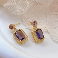 Vintage gold earrings featuring square purple zircon and micro-set white crystals - Amethyst Earrings