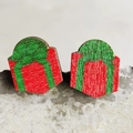 Detail of wooden Christmas gift box stud earrings in classic red and green festive colors - Christmas Gift Box