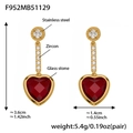 18k gold plated stainless steel long earrings with a red heart glass stone and zircon - Red Heart Zirconia Earrings (F952)