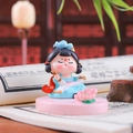 Detailed view of Tang Dynasty style girl figurine painting on a scroll with a pink lotus - 1056-16D Painting Stand