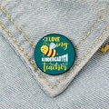 Dark green metal teacher brooch featuring a cute bee and kindergarten message on denim - Kindergarten Teacher Style (XZ60)