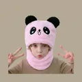 Pink plush panda bear ear flap hat with integrated neck scarf for toddlers and kids - Pink Bear Headband (ages 2-6)