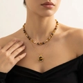 Double-layered tiger eye stone beaded necklace with oval gemstone pendant in golden finish - Stainless Steel Tiger Eye Beaded Double Layer Style