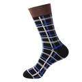Classic checkered crew sock in navy blue with white grid and brown ribbed cuffs - 1092-Dark Blue Plaid
