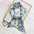 Floral print narrow silk scarf headband in light blue with elegant botanic patterns - 7*100cm / Black Blue Daisy