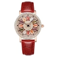 Elegant women's watch with red crocodile leather strap and rose gold floral gemstone dial - Red