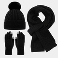 Detailed knit texture of black winter hat, scarf, and touch screen gloves set - Black