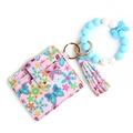 Porte-cartes en cuir PU à motif papillon rose avec bracelet porte-clés en perles de silicone - Bleu clair