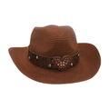 Brown woven cowboy straw hat with vintage metal heart buckle and sparkling rhinestones - Coffee