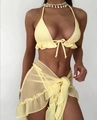 Detail of light yellow ruffled bikini top with sheer mesh skirt and shell necklace - S / Yellow