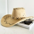 Cappello da cowboy kaki in finta pelle scamosciata con cuciture nere e cinturino regolabile - S (54-56cm) Bambini / Beige