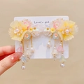 Ancient style hair clip with colorful resin flowers, white pearls, and long tassels - Yingluo Three Color Flower