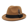 British style brown wool fedora hat with black grosgrain ribbon and feather detail - M (56-58cm) / Light Coffee