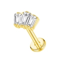 Detailed macro view of gold G23 titanium internall threaded butterfly labret stud with crystals - Gold Curved Three Stones Style (#9) / 1.2*8mm