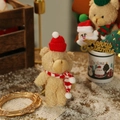 Plush Christmas bear with red knit hat and striped scarf for holiday decoration - Brown Bear