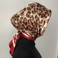 Brown leopard print silk scarf with burgundy striped edges styled as a bawal hijab - #35 Red Leopard