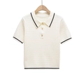 Dames gebreid poloshirt in crème met zwarte contrastranden en gouden sierknopen - S / Melkwit