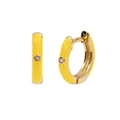 Macro detail of yellow enamel C-shaped hoop earrings with sparkling center zircon - Round Hoop / Bright Yellow/Gold