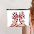 Close-up of canvas makeup bag with pink bow, red hearts and motivational phrases - Pink Bow You Are Loved (jiayingpbb0343)