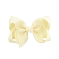 Close-up of a pale yellow grosgrain ribbon double bow hair clip on a white background - Beige